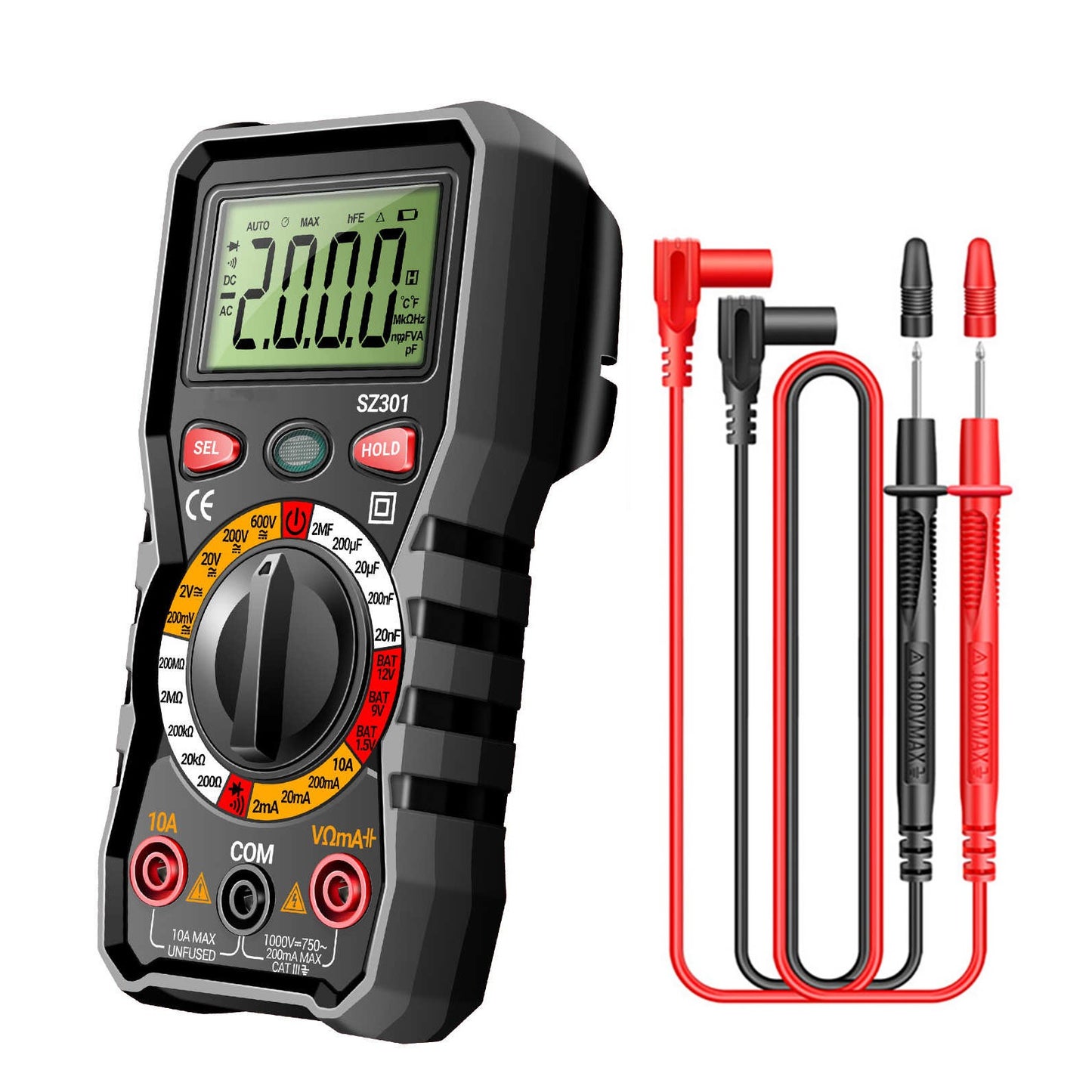 Versatile Digital Multimeter w Test Leads Measures Volt Amp Ohm Capacitance