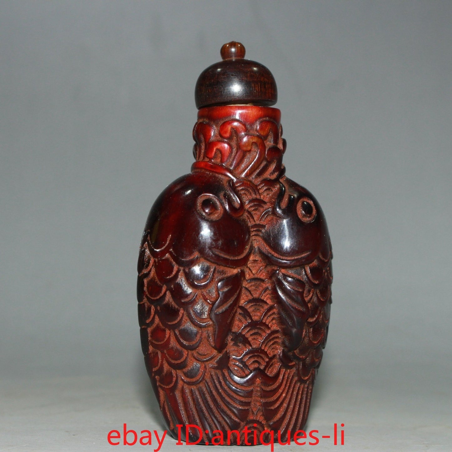 An Early Chinese Collectible Natural Ox Horn Double Fish Snuff Bottle