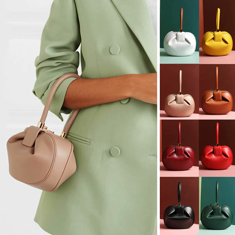 Real Leather Wonton Round Pouch Clutch Purse Top Handle Tote Handbag Grab Bag