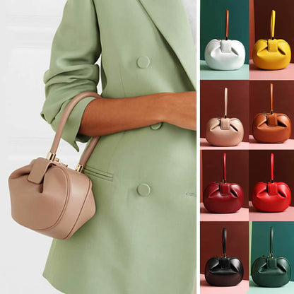 Real Leather Wonton Round Pouch Clutch Purse Top Handle Tote Handbag Grab Bag
