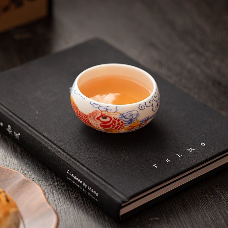 Handmade White Jade Porcelain Koi Fish Teacup 80ml Chinese Gongfu Cup