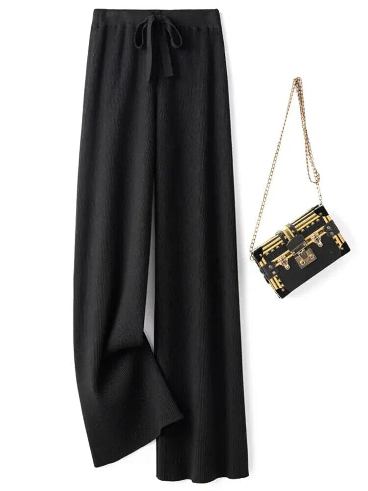 Women Pants Autumn Winter Wide Leg Pants Casual Drawstring Straight Wool Pants