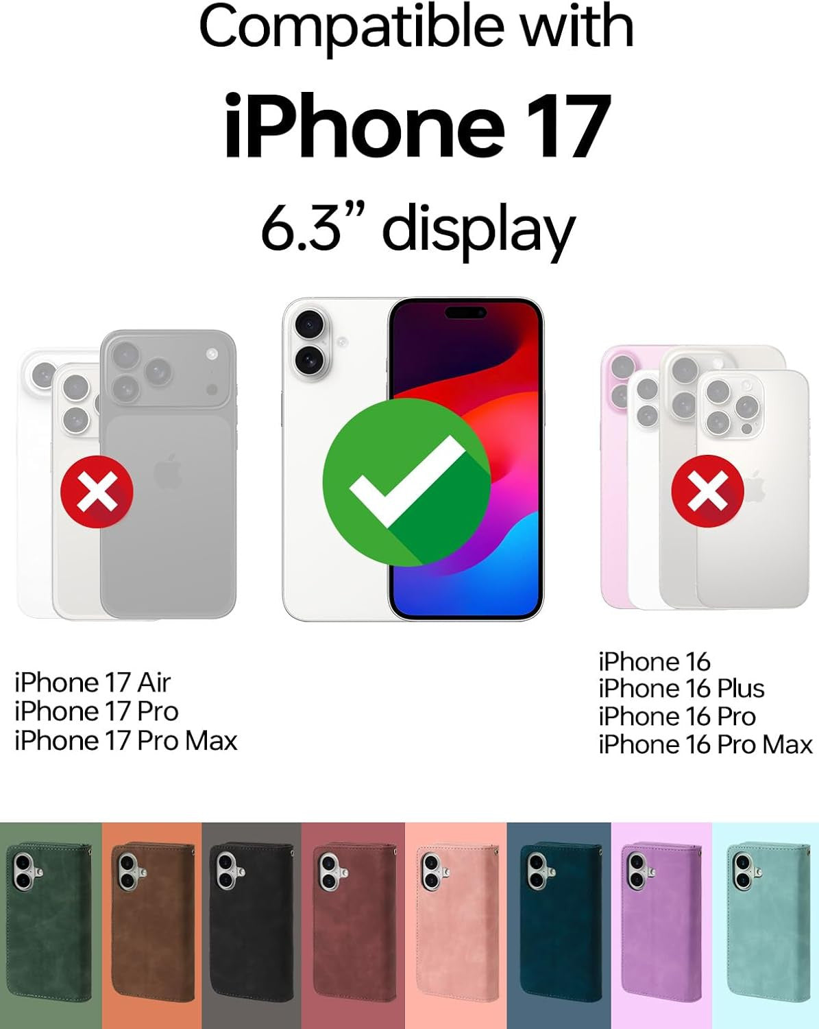 Wallet Case Compatible with Iphone 17, 6 Card Holder with RFID Blocking, PU Leat