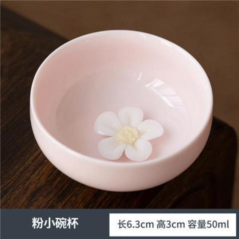 Pink Sheep Fat Jade Porcelain Handmade Flower Tea Cup 50ml Kung Fu Cup
