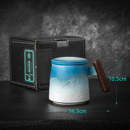 Tea Mugs Ceramic Tea Coffee Cup Beer Mug Infuser Lid Wooden Handle Tableware