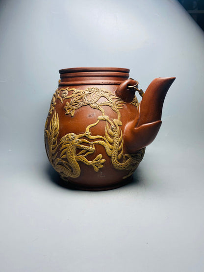 Chinese Yixing Zisha Clay Handmade Exquisite Teapot（铜提梁大九龙 底款：时大彬）