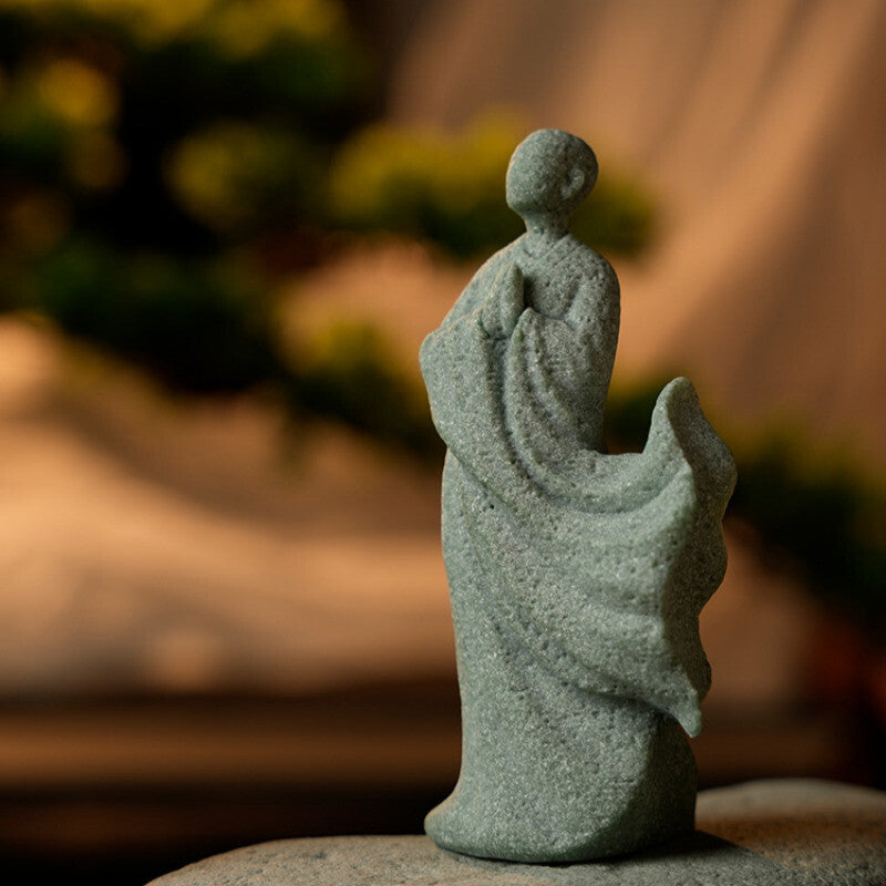Zen Green Sand Stone Chinese Monk Tea Ceremony Buddha Bonsai Tank Decoration