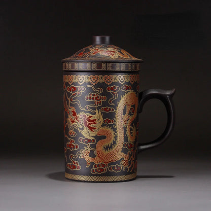 Retro Yixing Dragon Phenix Purple Clay Tea Mug Handmade Ceramic Teacup Office