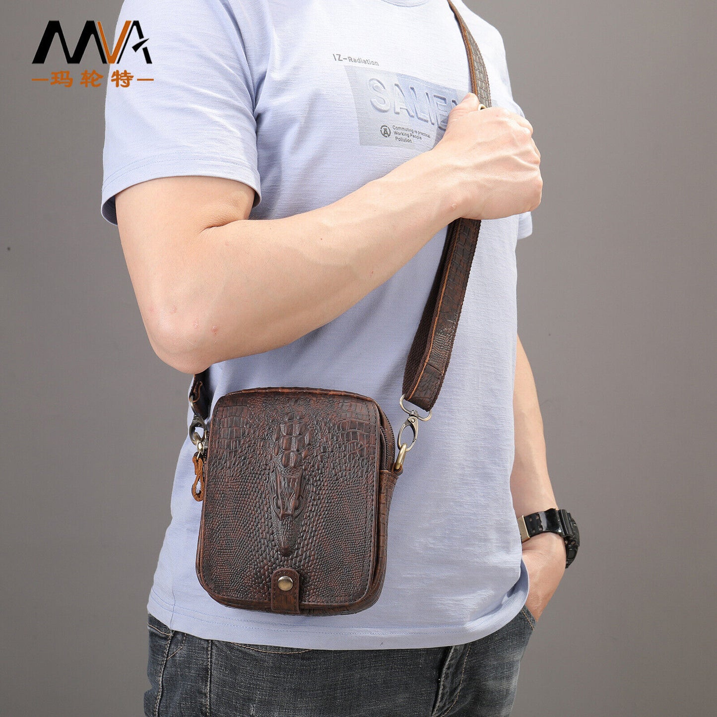 100% Genuine Leather Crocodile Pattern Men's Shoulder Messenger Bag Crossbody