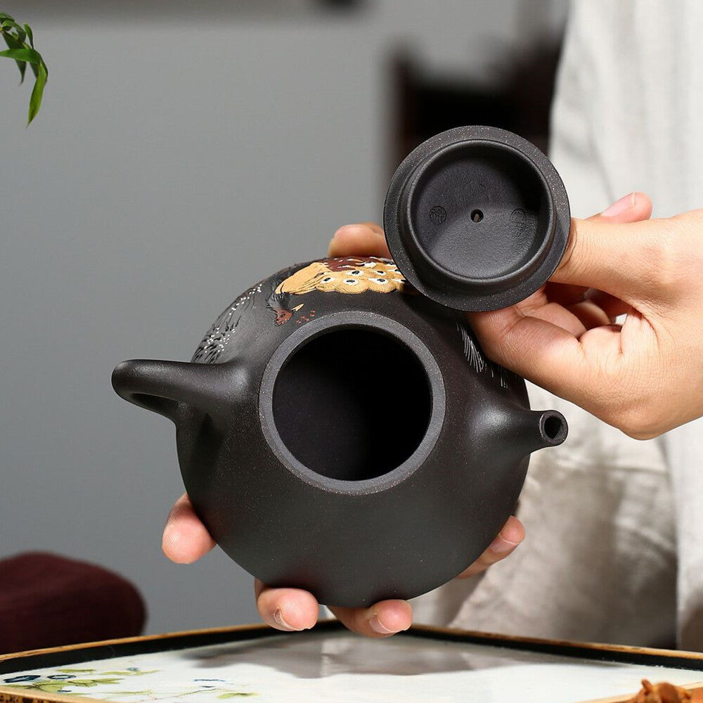 Full Handmade Tea Pot Marked Shipiao Pot Peacock Relief Master Real Yixing Zisha