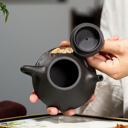 Full Handmade Tea Pot Marked Shipiao Pot Peacock Relief Master Real Yixing Zisha