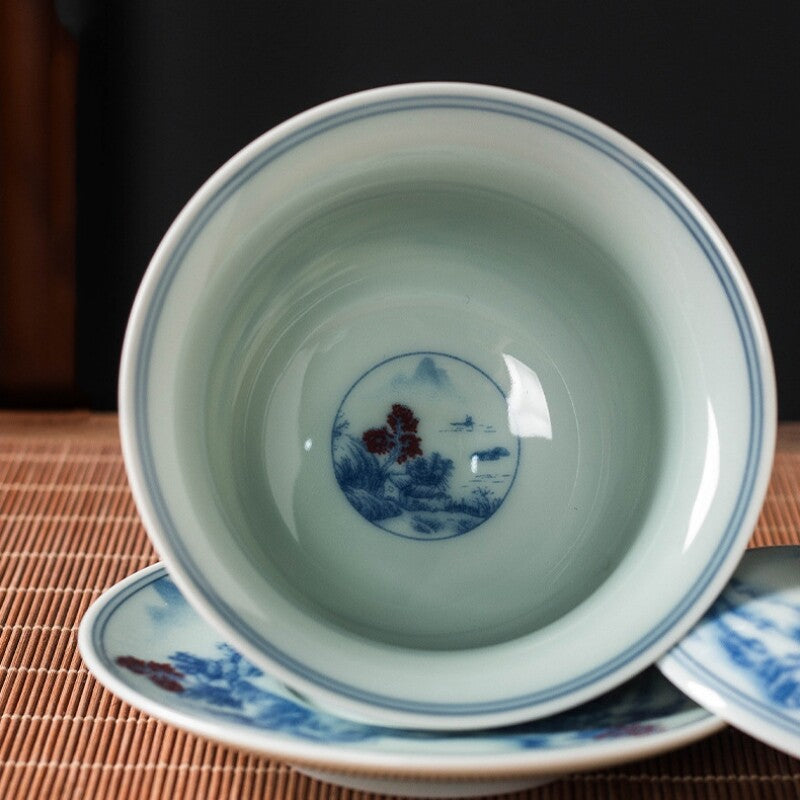 handmade gaiwan under glaze porcelain covered bowl SanCai tureen 150ml coaster