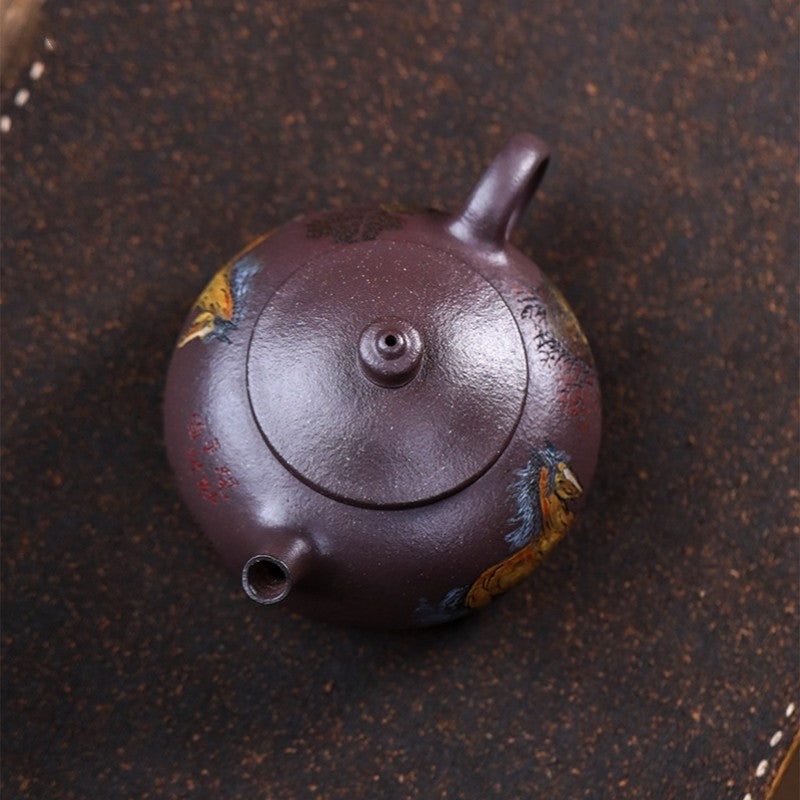 Handmade Tea Pot 14 Infuser Holes Horse Carved Real Yixing Zisha Old Purple Clay