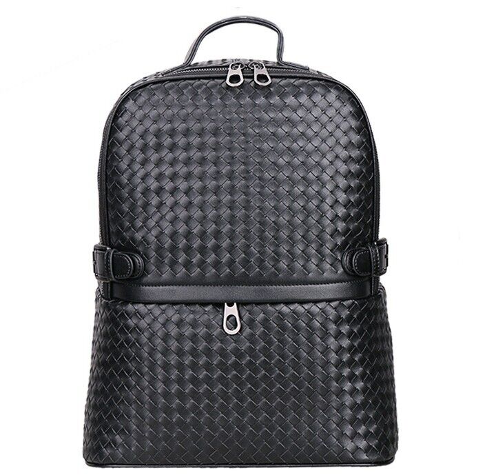 Top Real Leathe Handmade Weaving Men's Backpack Black Travel Bag School Rucksack