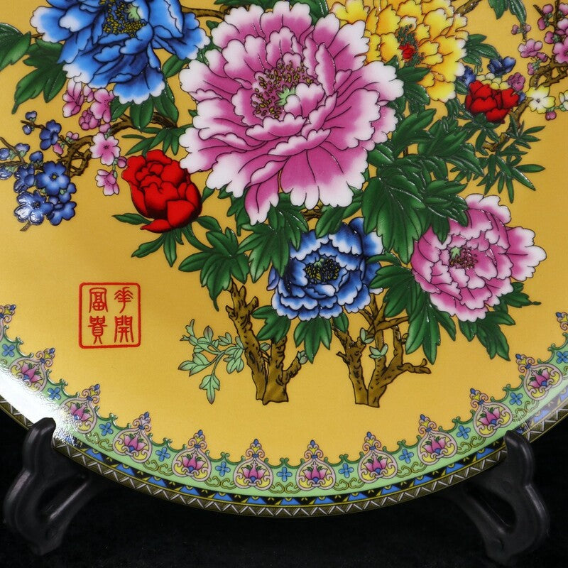 Old Chinese powder color porcelain flowers peony pattern plate Qianlong Mark
