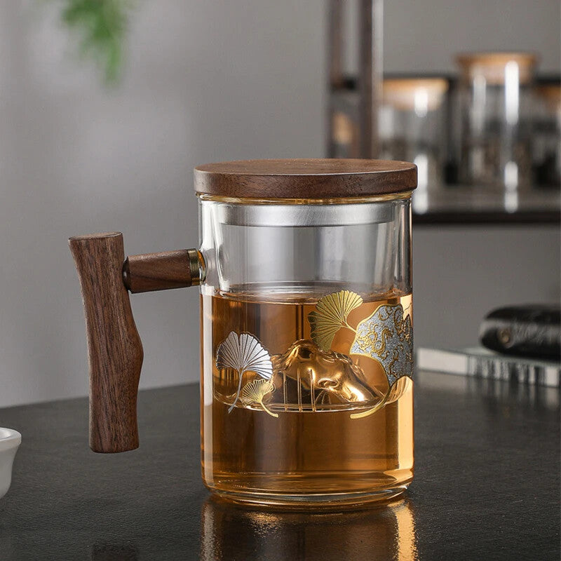 4.92" Wooden Handle Guanshan Cup Household High Borosilicate Glass Filter Teacup
