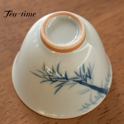 50ml Imitation Ancient Blue Ceramic Teacup Hand-painted Green Bamboo Master Cup