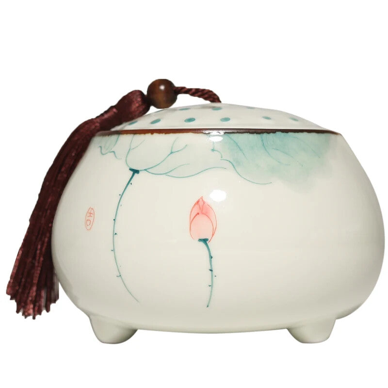 Hand Painted Lotus Ceramic Tea Jar Traditional Chinese Tea Storage Tins