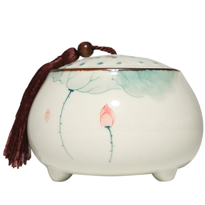 Hand Painted Lotus Ceramic Tea Jar Traditional Chinese Tea Storage Tins