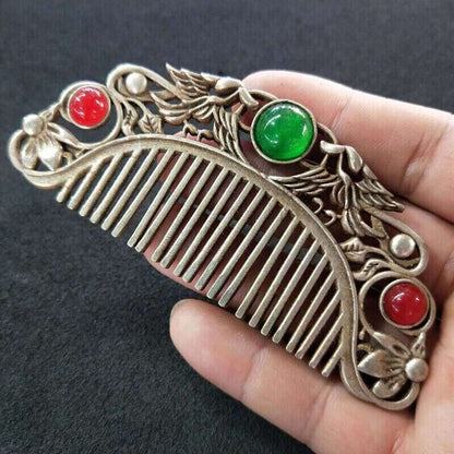 Chinese old Tibet Silver carving Flowers green jade comb