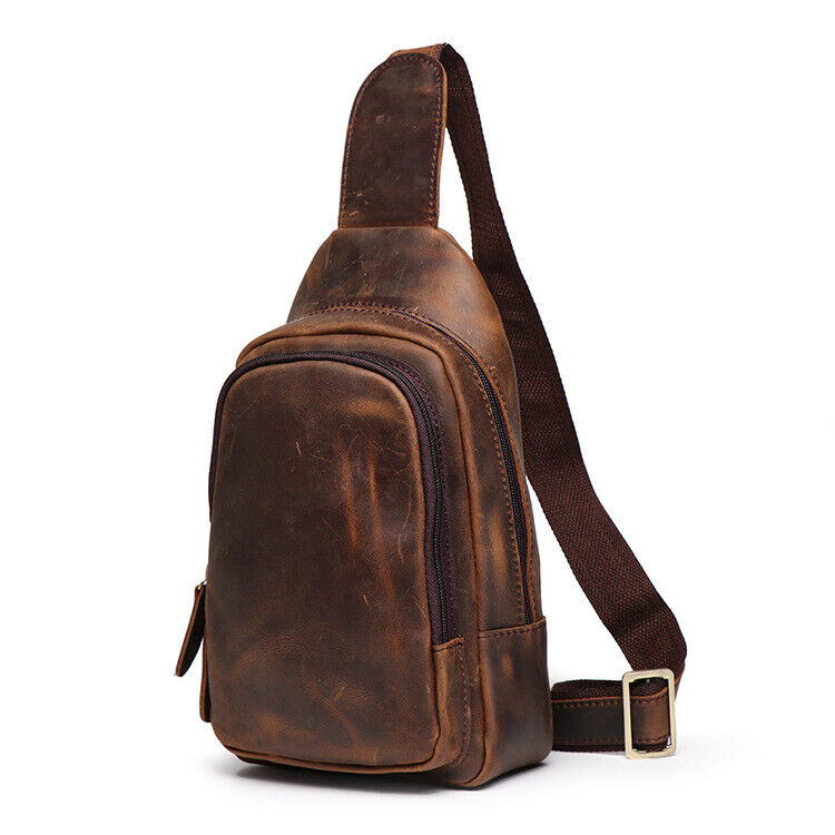 New Men's Real Leather Hiking Shoulder Bag Crossbody Sling One Strap Backpack