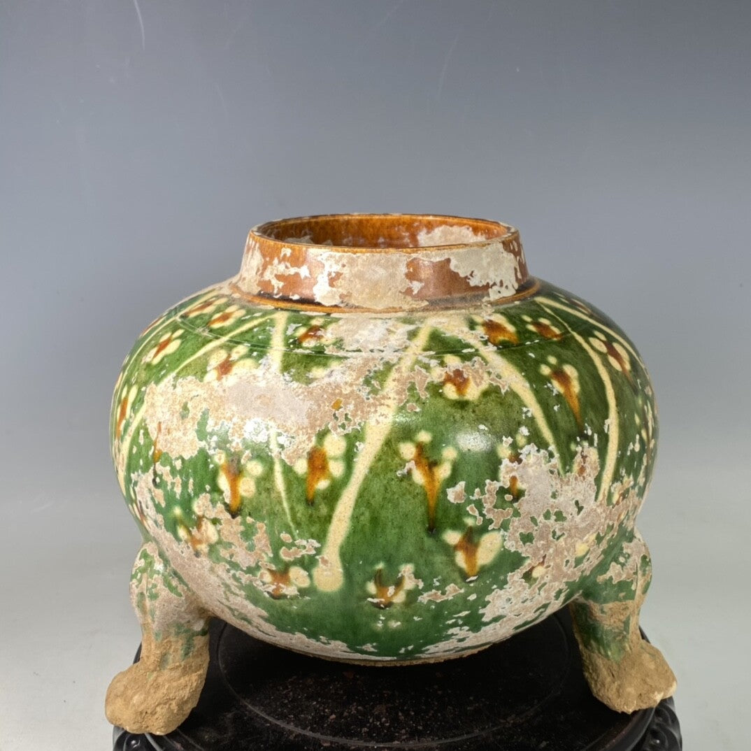 9.0" china old antique liao dynasty Porcelain tricolor three feet Incense burner