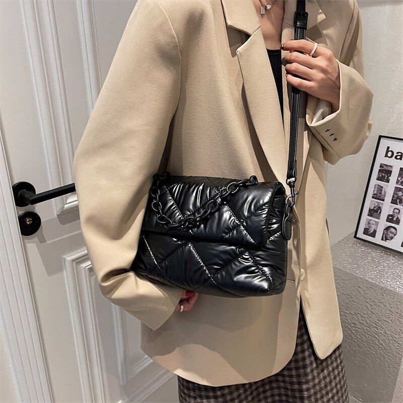 Acrylic Chain Padd Crossbody Bag Handbag Nylon Cotton Shoulder Purse 28*14*10 CM