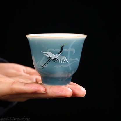 Chinese Tea Cup Crane Print Under Glaze Porcelain Kungfu Cup Of Tea Coaster New