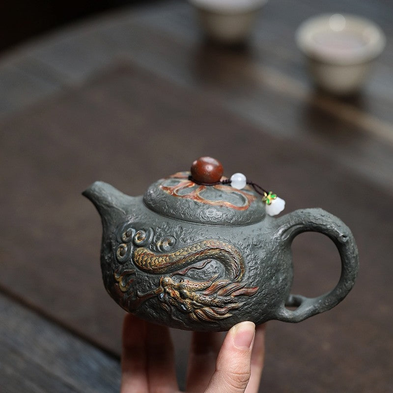 Archaistic Gong Chun Tea pot With Dragon Pearl Design Original Green Zisha Clay