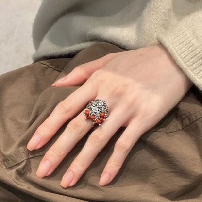 Vintage Chinese Bat Ring Red Agate Bead Hollow Silver Adjustable Retro Band