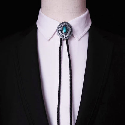 100cm Vintage Bolo Tie Blue Stone Inlay Adjustable Western Cowboy Neck Accessory