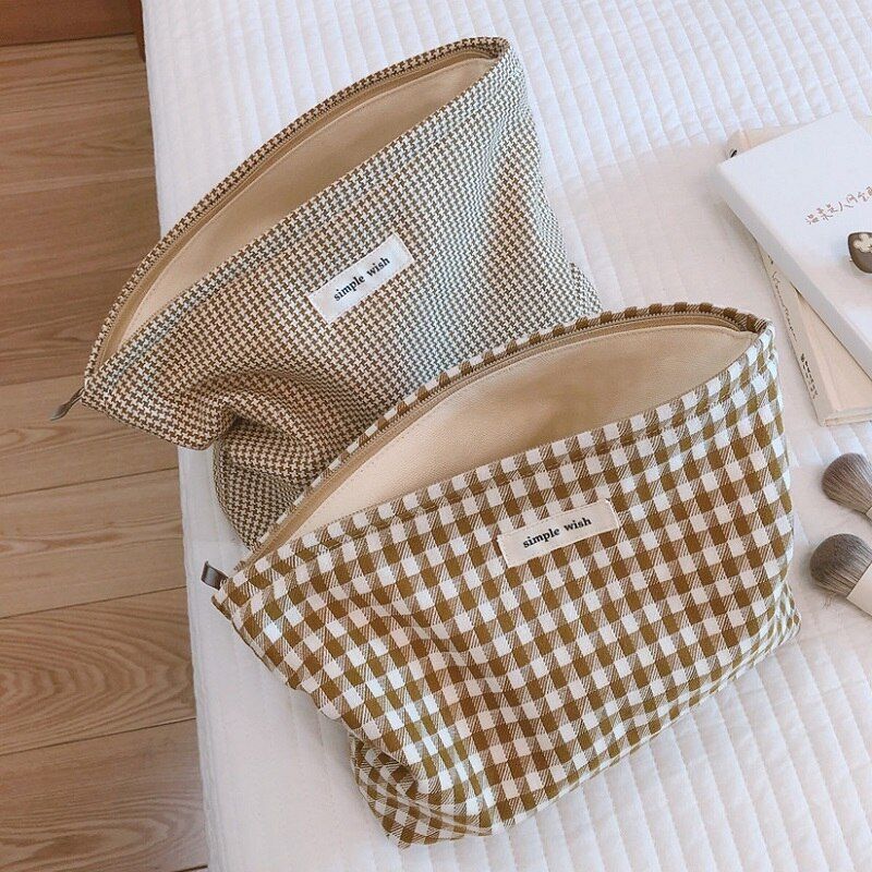 Makeup Cosmetic Bag Women Cotton Plaid Organizer Kit Beauty Brushes Storage Case