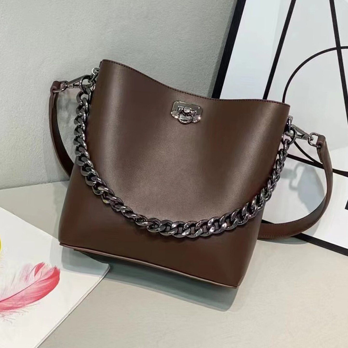 Shoulder Bag Bucket Metal Chain Handbag Leather Messenger 22*10*23 CM Polyester