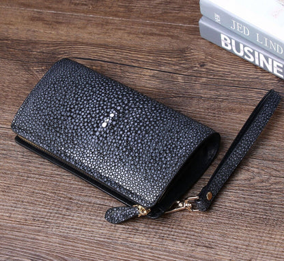 Cowhide Leather Men's Clutch Bag, Desinger Pearl Fish Skin Pattern Long Wallets