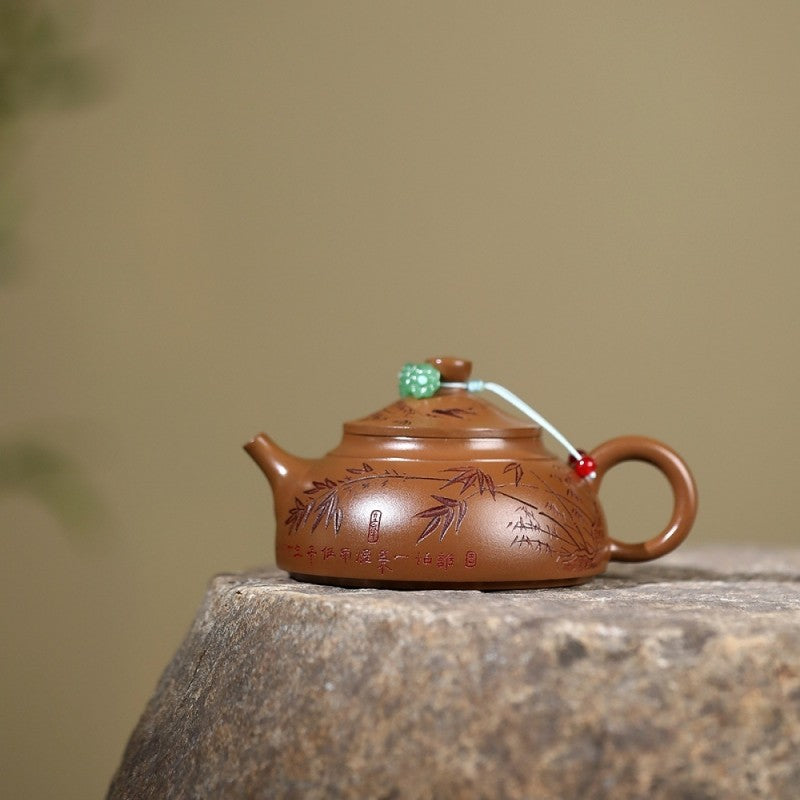 Handmade Tea Pot Marked Bamboo Carved Real Yixing Zisha Clay Master Pot 180ml