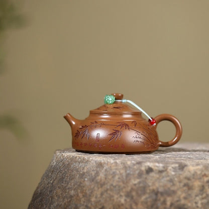 Handmade Tea Pot Marked Bamboo Carved Real Yixing Zisha Clay Master Pot 180ml