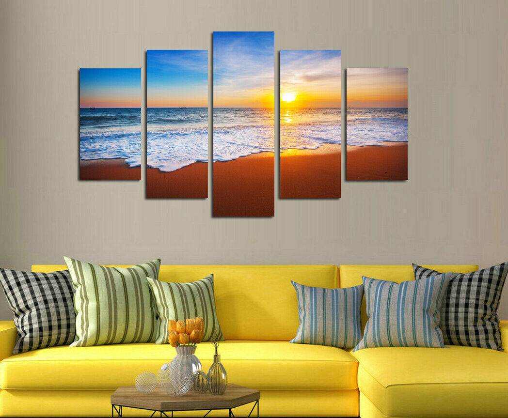 Seascape Sunrise Beach Wave 5 Pieces Canvas Wall Art Picture Poster Home Decor