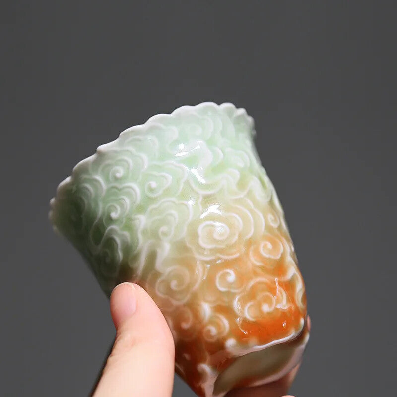 Yue Kiln Celadon Relief Gradient Color Tea Cup Carved Tea Bowl Chinese Ceramic