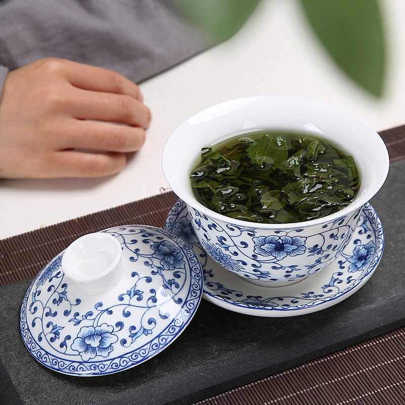 4.72" Gaiwan Blue And White Porcelain Tureen Cup Bowl For Green Tea Saucer Lid
