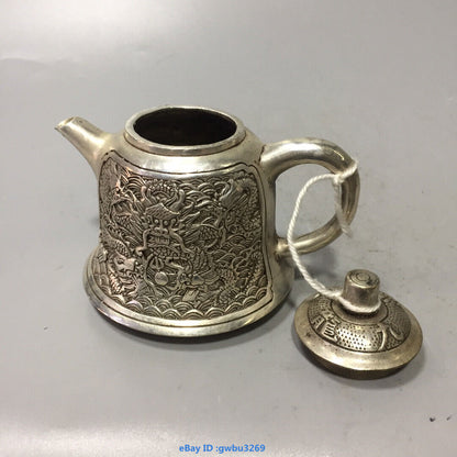 Asian Chinese Old Tibet Silver Hand-carved Dragon Teapot