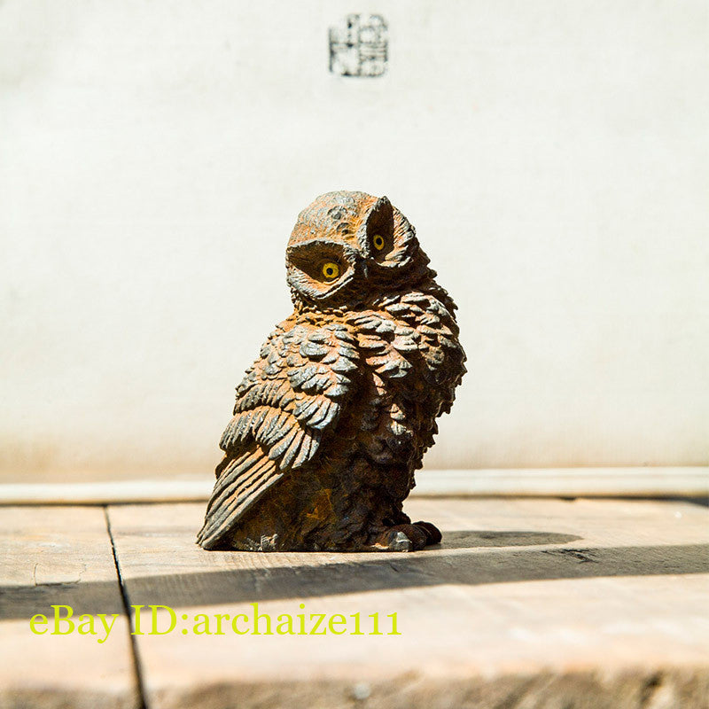 Chinese Handmade Iron Rust Cast Owl Statue Tea Pet Home Decor