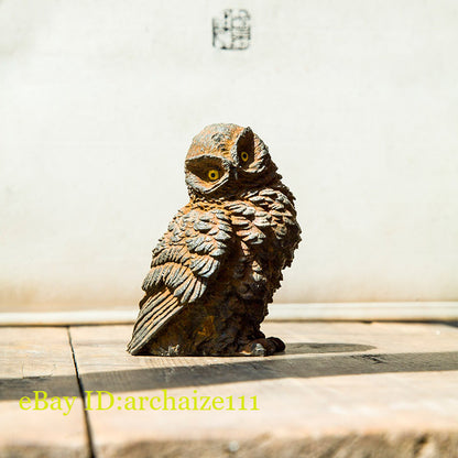 Chinese Handmade Iron Rust Cast Owl Statue Tea Pet Home Decor