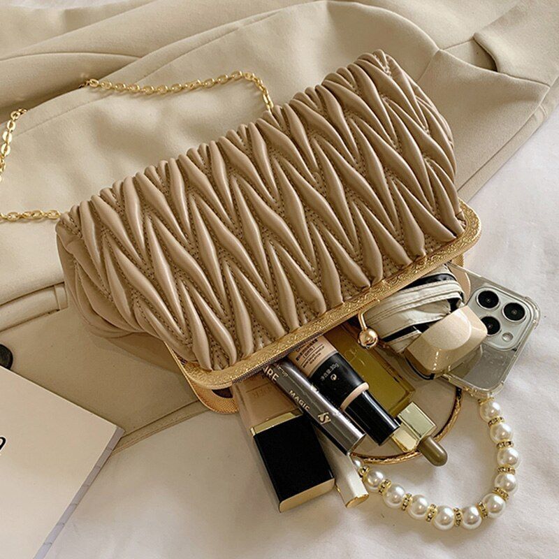 Orange Green Shoulder Bags Pearl Chain Clutch Crossbody Bags Synthetic Leather