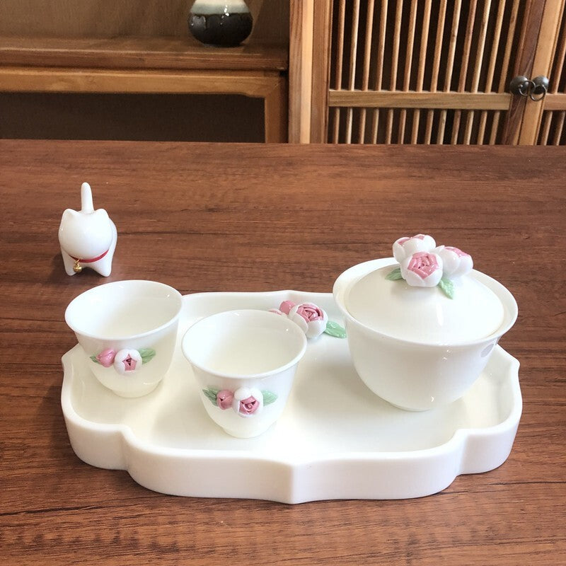 Artful Porcelain Teaset Gaiwan Matching Cup Tea Plate Tray Ceramic Floral Relief