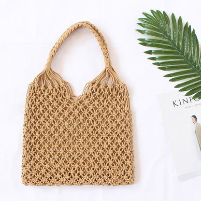 Summer Woven Beach Bag Handmade Hollow Out Straw Bag Tote Cotton Rope Crochet