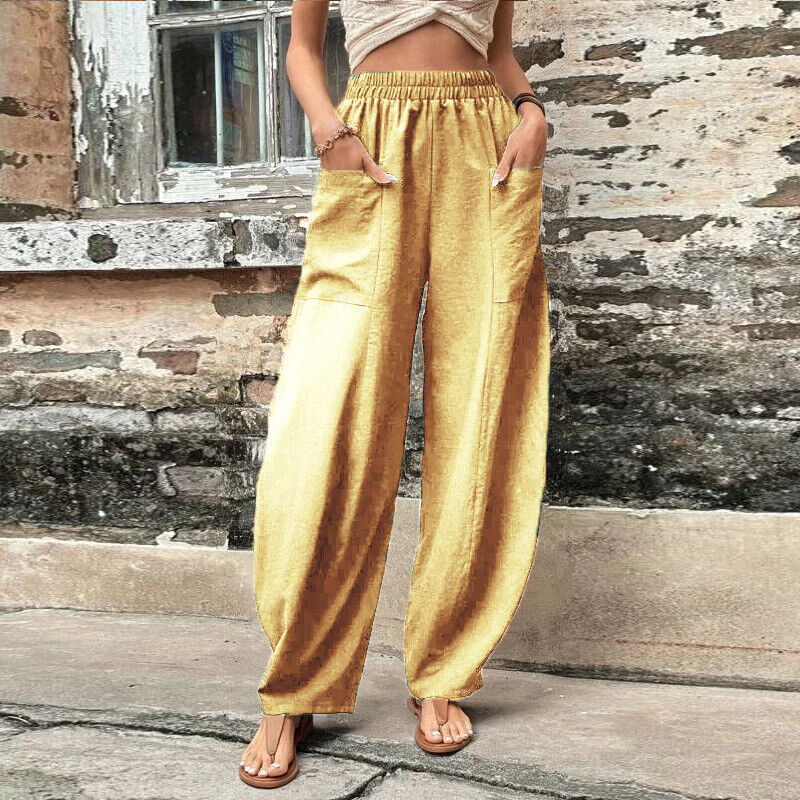 Women Summer Ice Silk Pocket Wide Leg Baggy Pants Elastic High Waist Trousers
