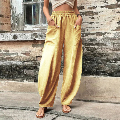 Women Summer Ice Silk Pocket Wide Leg Baggy Pants Elastic High Waist Trousers