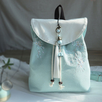 Canvas Embroidered Flower Backpack Tassel Casual Bundle Girls Mouth Bag Womens