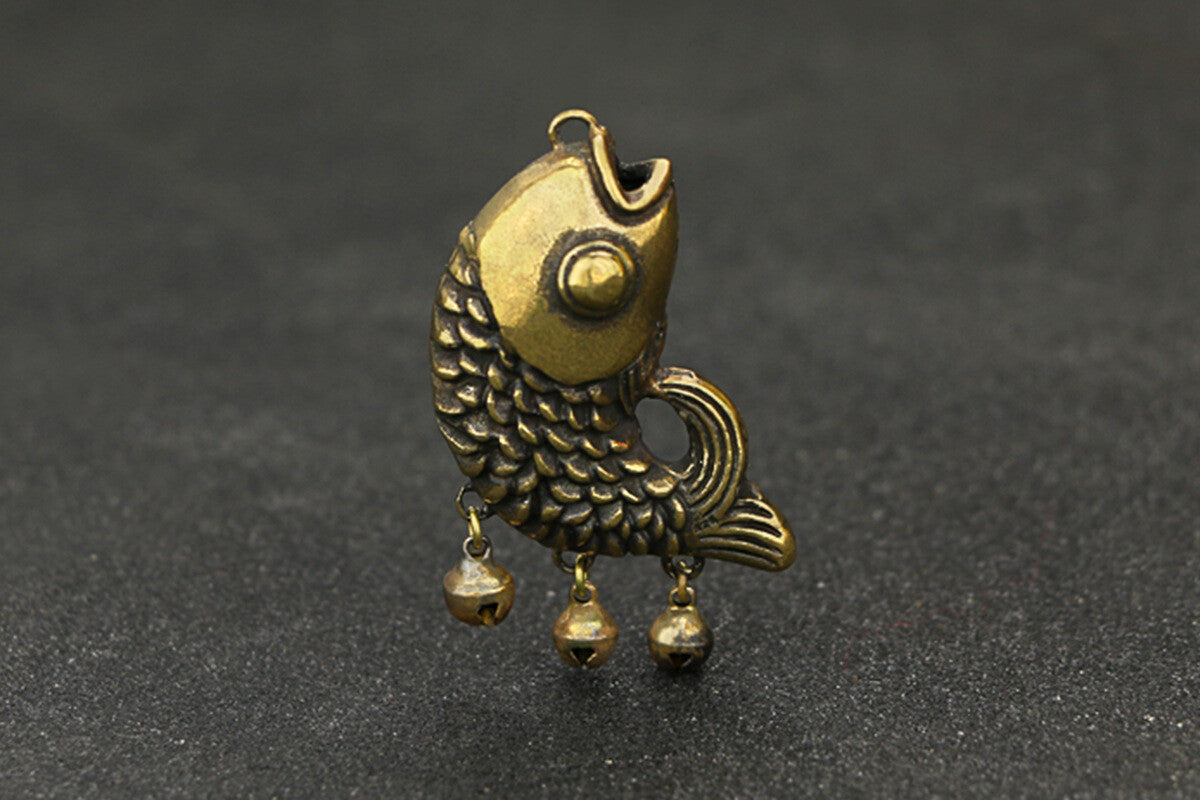 Brass Keychain Pendant Small Copper Fish with Bells Pendant Chinese Antique -