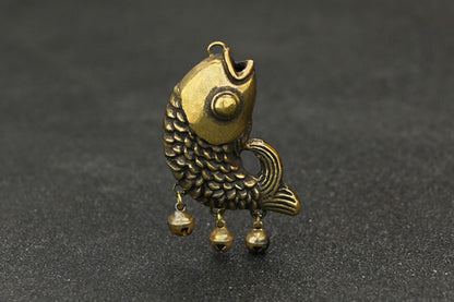 Brass Keychain Pendant Small Copper Fish with Bells Pendant Chinese Antique -